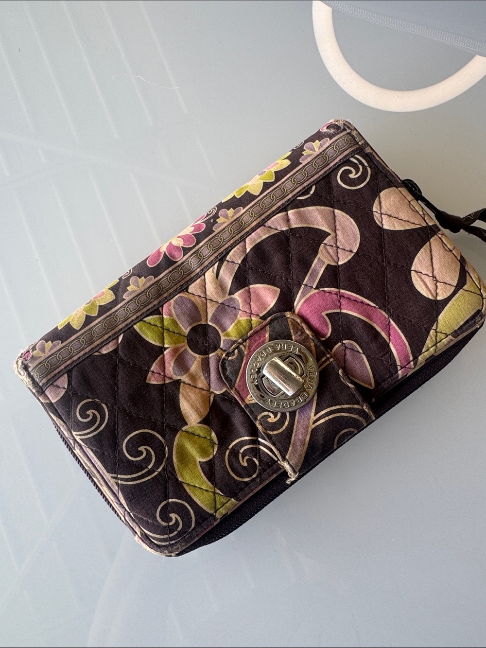 Vera Bradley Quilted Floral Turn-Lock Wallet in Brown, Pink & Green